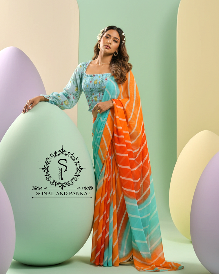 Turquoise Blue Floral Print Smocking Top & Orange & Blue Leheriya Saree - SA01669
