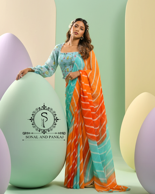 Turquoise Blue Floral Print Smocking Top & Orange & Blue Leheriya Saree - SA01669