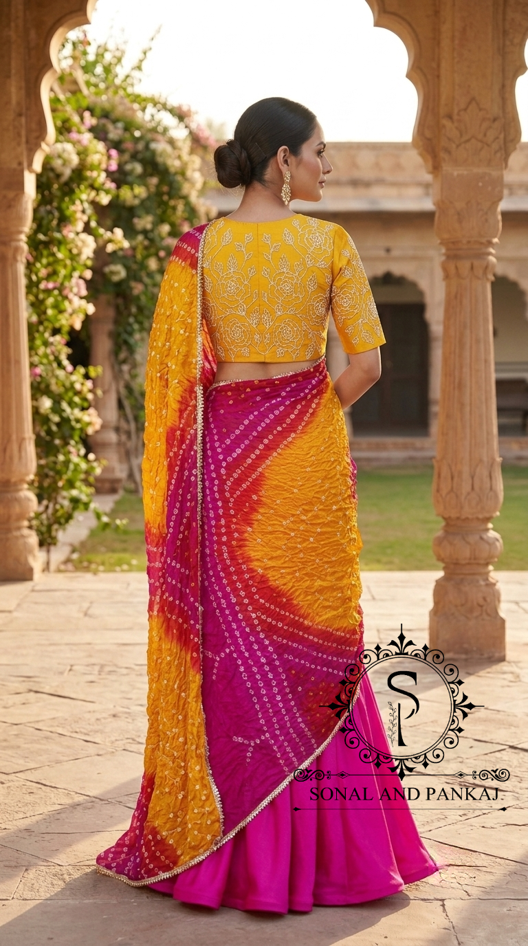 Yellow Hand Embroidered Blouse With Ready To Drape Bandhani Palloo Saree- SA001382