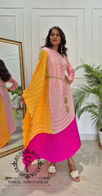 Mango Yellow Color Block Crushed Resort Wear Kaftan - RW01738