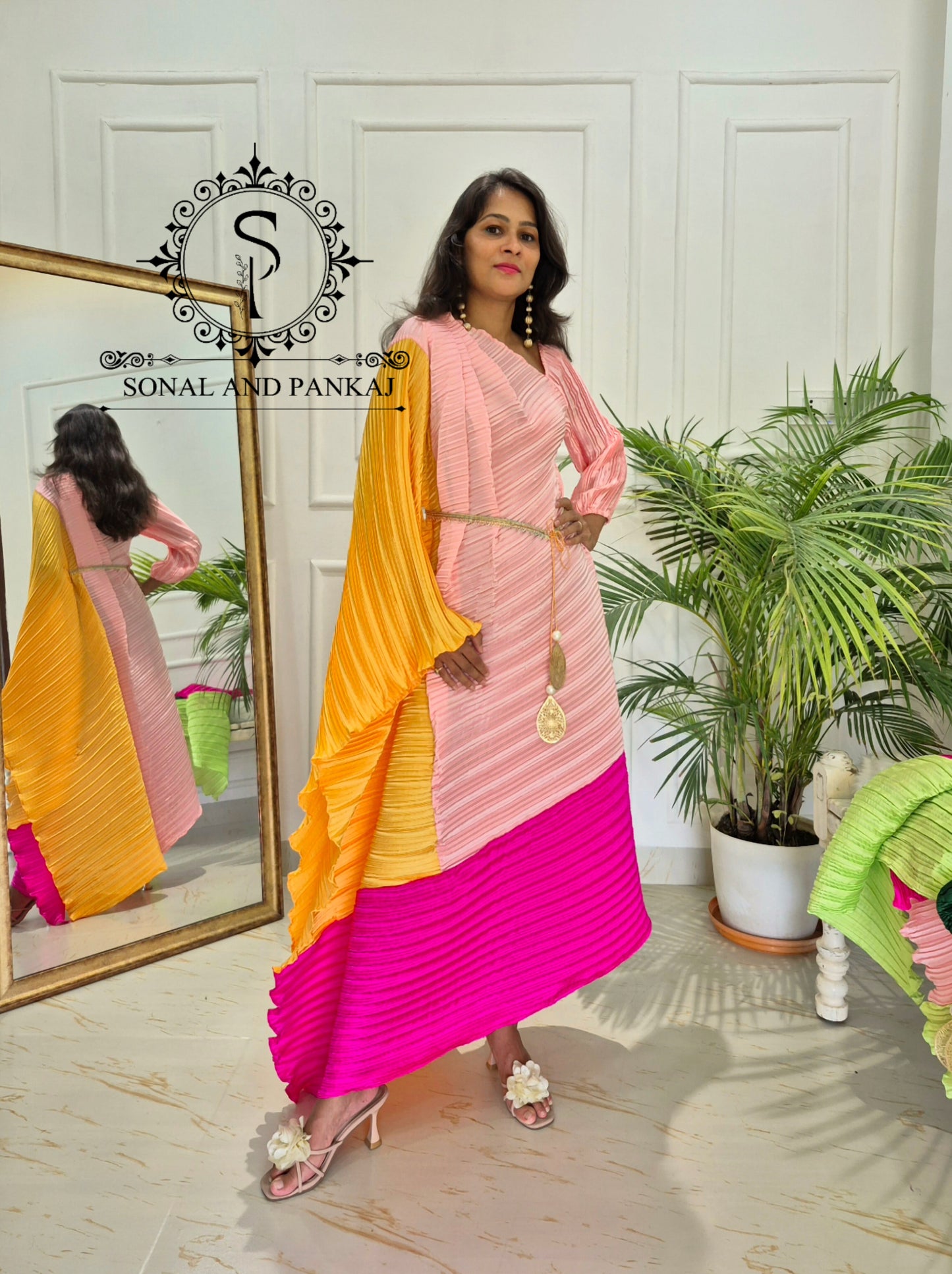 Mango Yellow Color Block Crushed Resort Wear Kaftan - RW01738