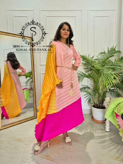 Mango Yellow Color Block Crushed Resort Wear Kaftan - RW01738
