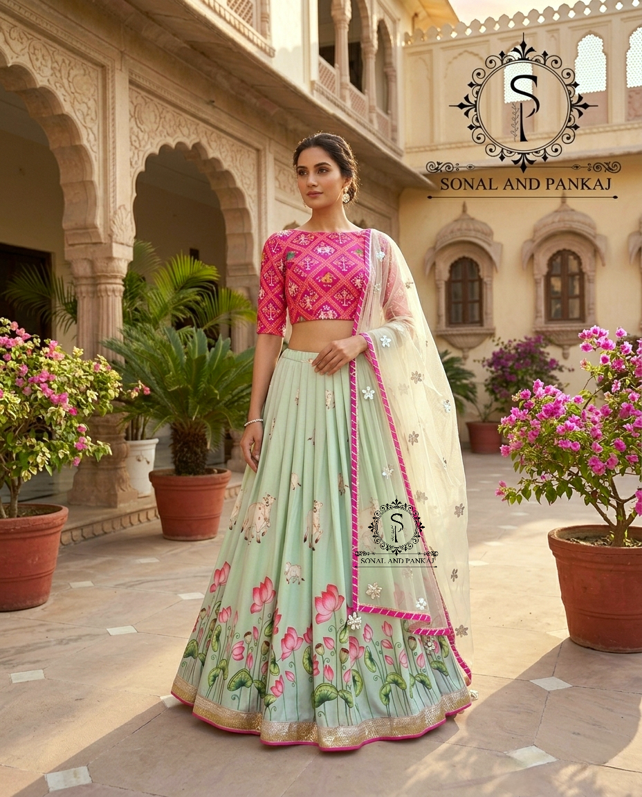 Lotus Whispers - Pastel Green Pichwai Ensemble - LH01614
