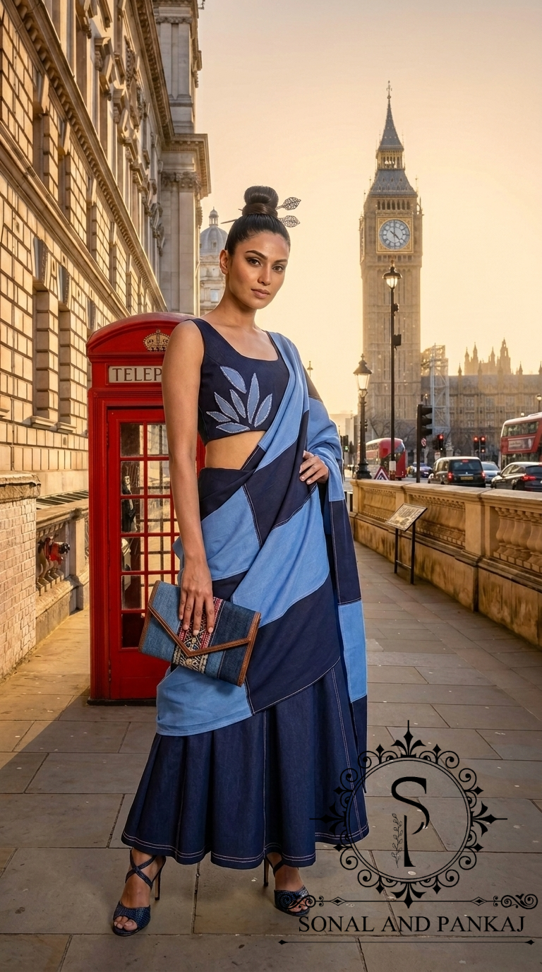 Blue Oasis Demin Patchwork Indowestern Lehenga - LH01595
