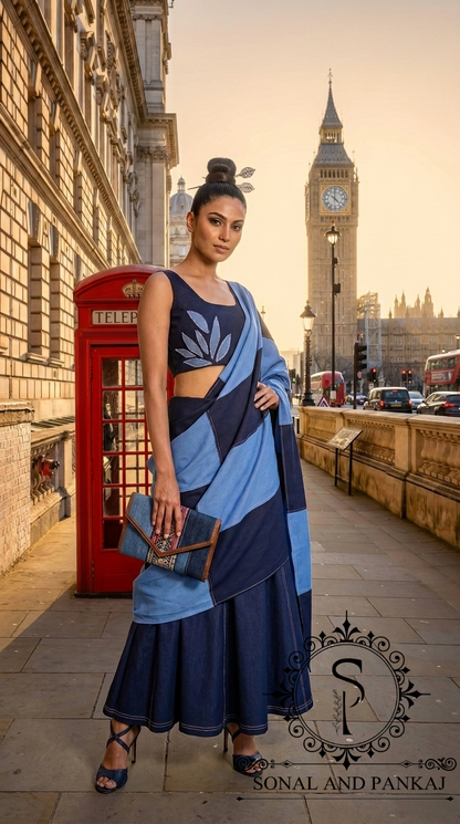 Blue Oasis Demin Patchwork Indowestern Lehenga - LH01595