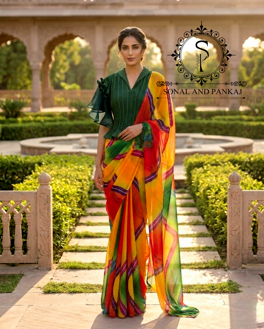 Pleated Petal Stretchable Top With Multicolor Leheriya Print Saree On Sale - SA01702