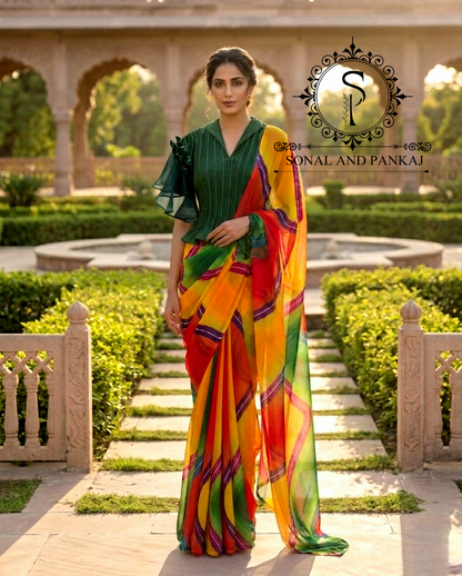 Pleated Petal Stretchable Top With Multicolor Leheriya Print Saree On Sale - SA01702