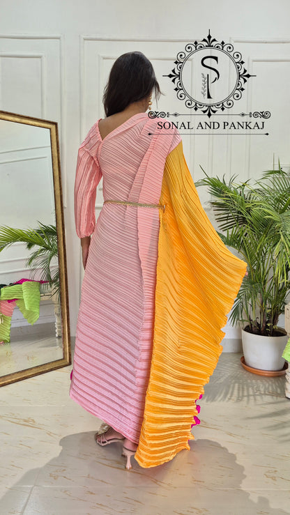 Mango Yellow Color Block Crushed Resort Wear Kaftan - RW01738