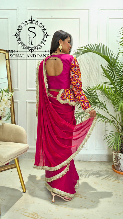 Magenta Patola Peplum Jacket Saree Set - SA01771