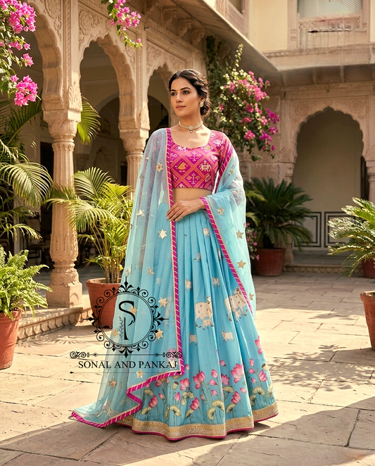 Lotus Whispers - Turquoise Blue Pichwai Ensemble - LH01623