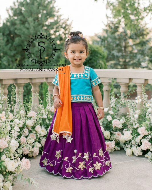 Barsana Vibes - Hand Embroidered Firozi Purple & Orange Kids Lehenga Choli - KD01581
