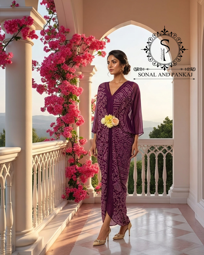 Pushpa - The Designer Wine Bandhani Print Kaftan On Sale - RW01715