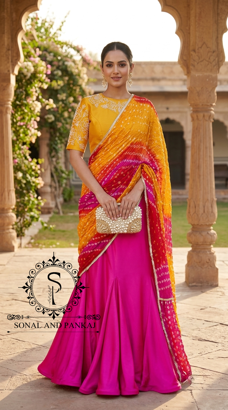Yellow Hand Embroidered Blouse With Ready To Drape Bandhani Palloo Saree- SA001382