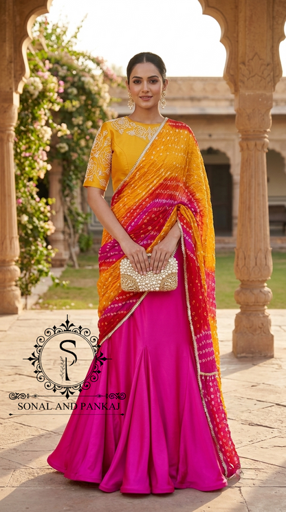 Yellow Hand Embroidered Blouse With Ready To Drape Bandhani Palloo Saree- SA001382