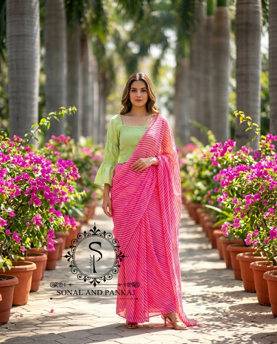 Green Smocking Top & Pink Leheriya Saree 2.0 On Sale - SA01696