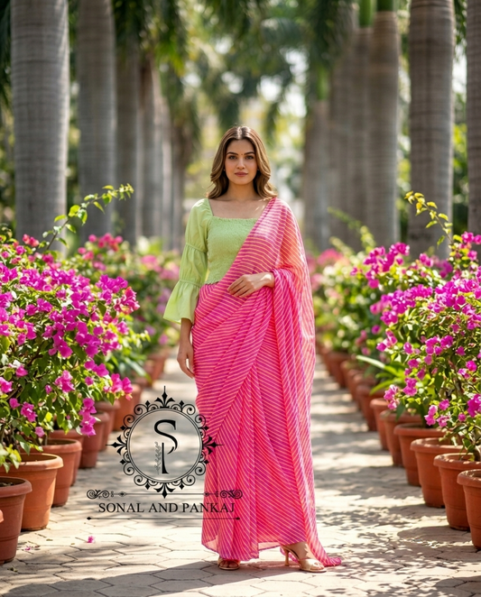 Green Smocking Top & Pink Leheriya Saree 2.0 On Sale - SA01696