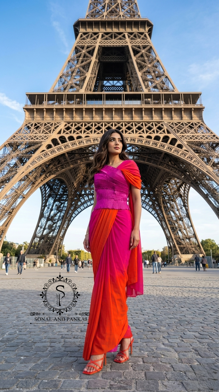 Desi Girl Vibe - Raspberry Sunset Sorbet Pre-pleated Saree - SA01714