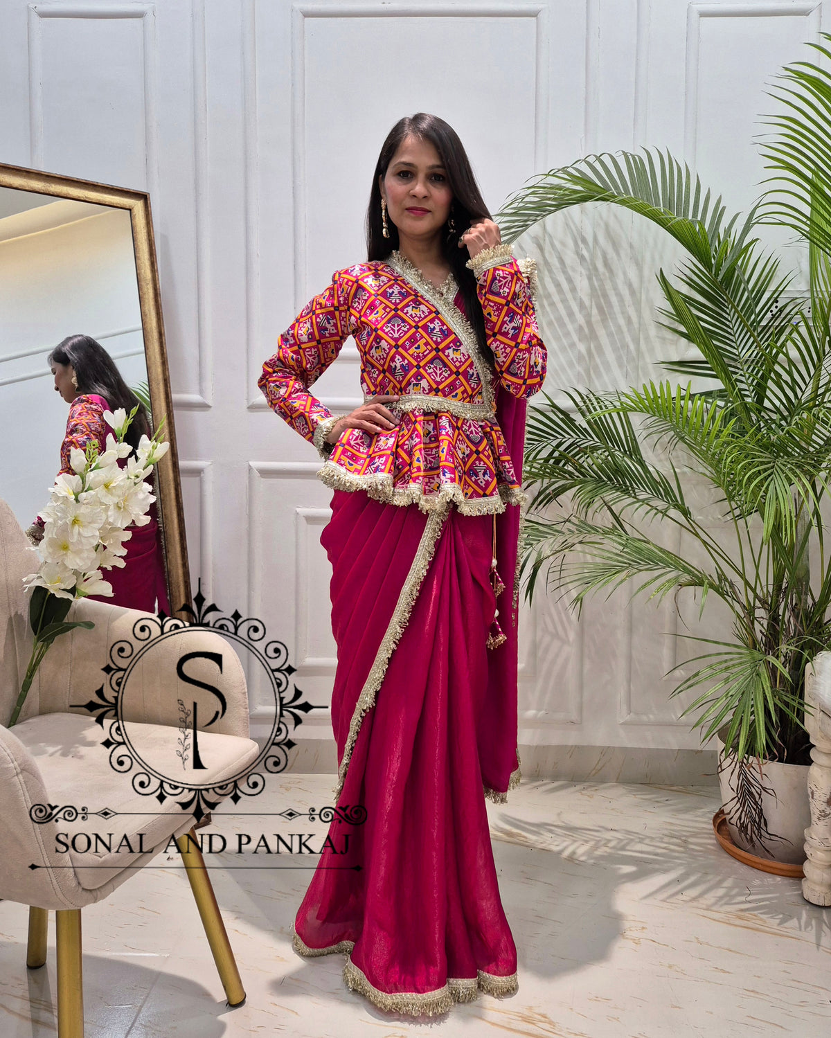 Magenta Patola Peplum Jacket Saree Set - SA01771
