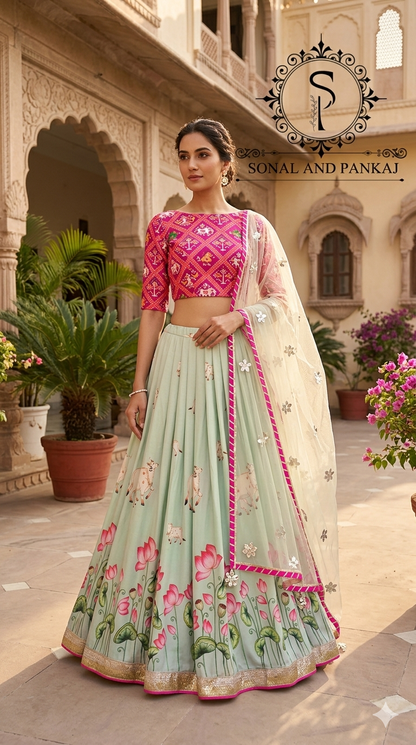 Lotus Whispers - Pastel Green Pichwai Ensemble - LH01614