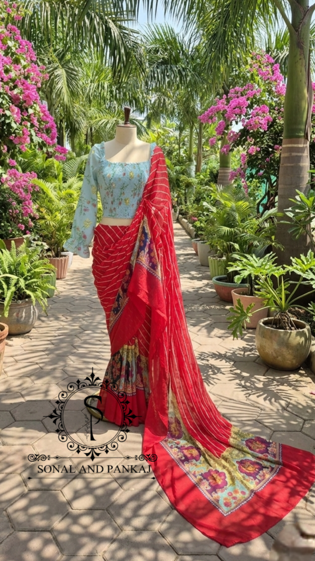 Turquoise Blue Floral Print Smocking Top & Red Leheriya Saree - SA01670