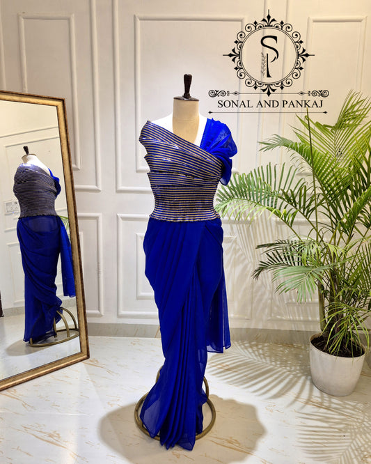 Desi Girl Vibe - Electric Royale Blue Top & Pre-pleated Saree - SA01639