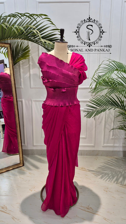 Desi Girl Vibe - Raspberry Pink Pre-pleated Saree - SA01814