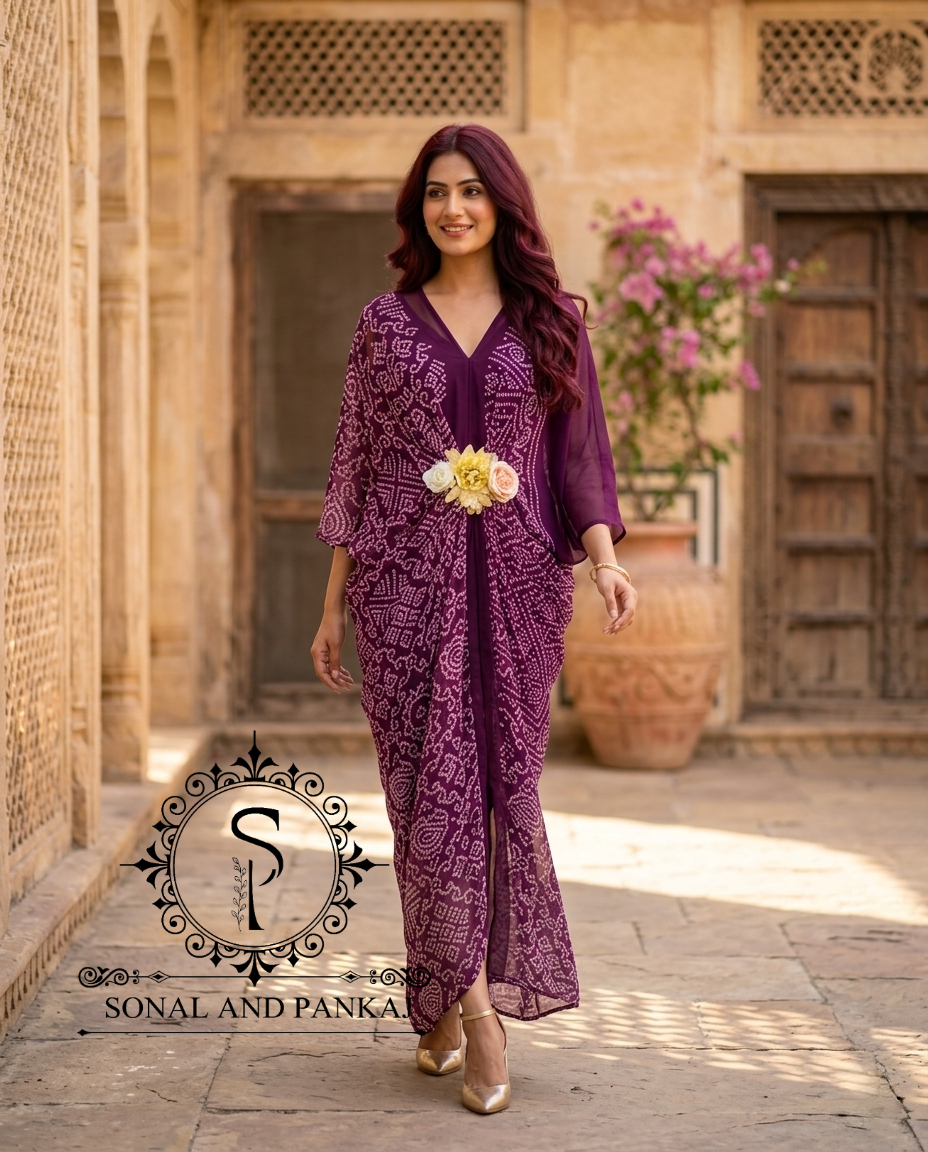 Pushpa - The Designer Wine Bandhani Print Kaftan On Sale - RW01715