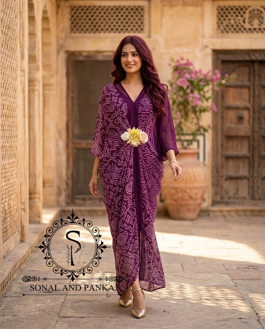 Pushpa - The Designer Wine Bandhani Print Kaftan On Sale - RW01715