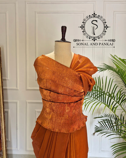 Desi Girl Vibe - Burnt Orange Top & Pre-pleated Saree - SA01640