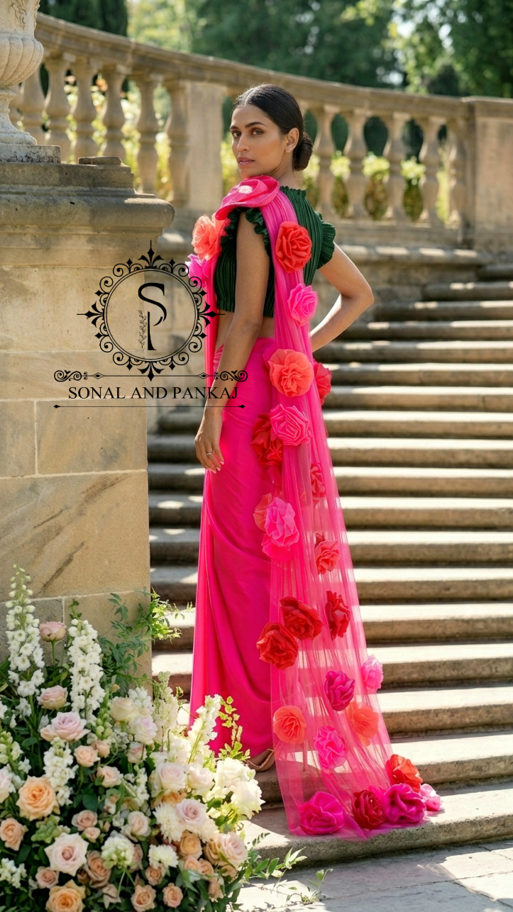 Bottle Green Pleated Blouse With Hot Pink Ready To Drape Saree - SA00651