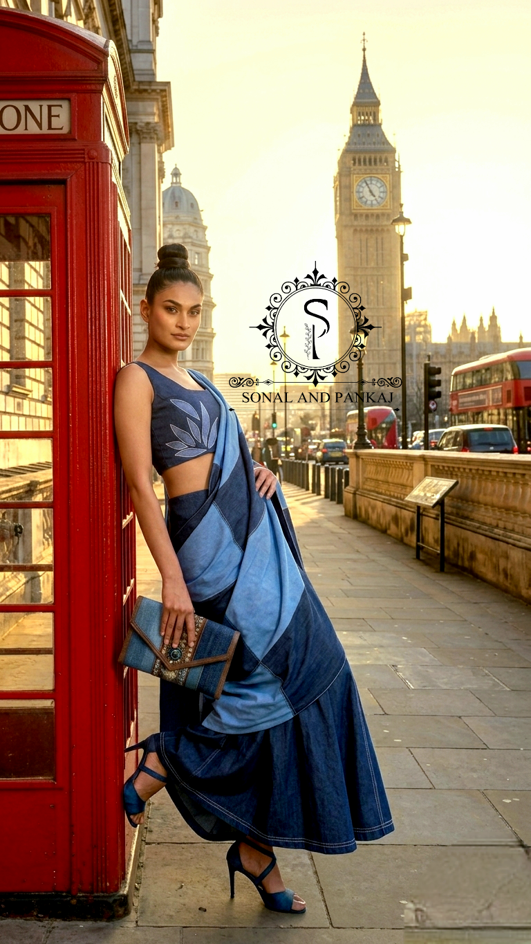 Blue Oasis Demin Patchwork Indowestern Lehenga - LH01595