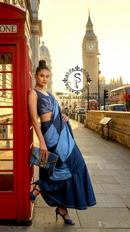Blue Oasis Demin Patchwork Indowestern Lehenga - LH01595