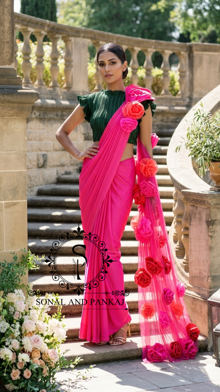 Bottle Green Pleated Blouse With Hot Pink Ready To Drape Saree - SA00651