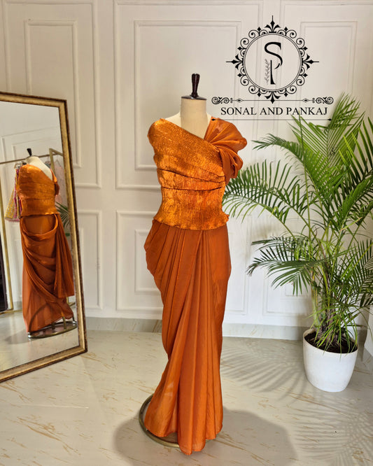 Desi Girl Vibe - Burnt Orange Top & Pre-pleated Saree - SA01640