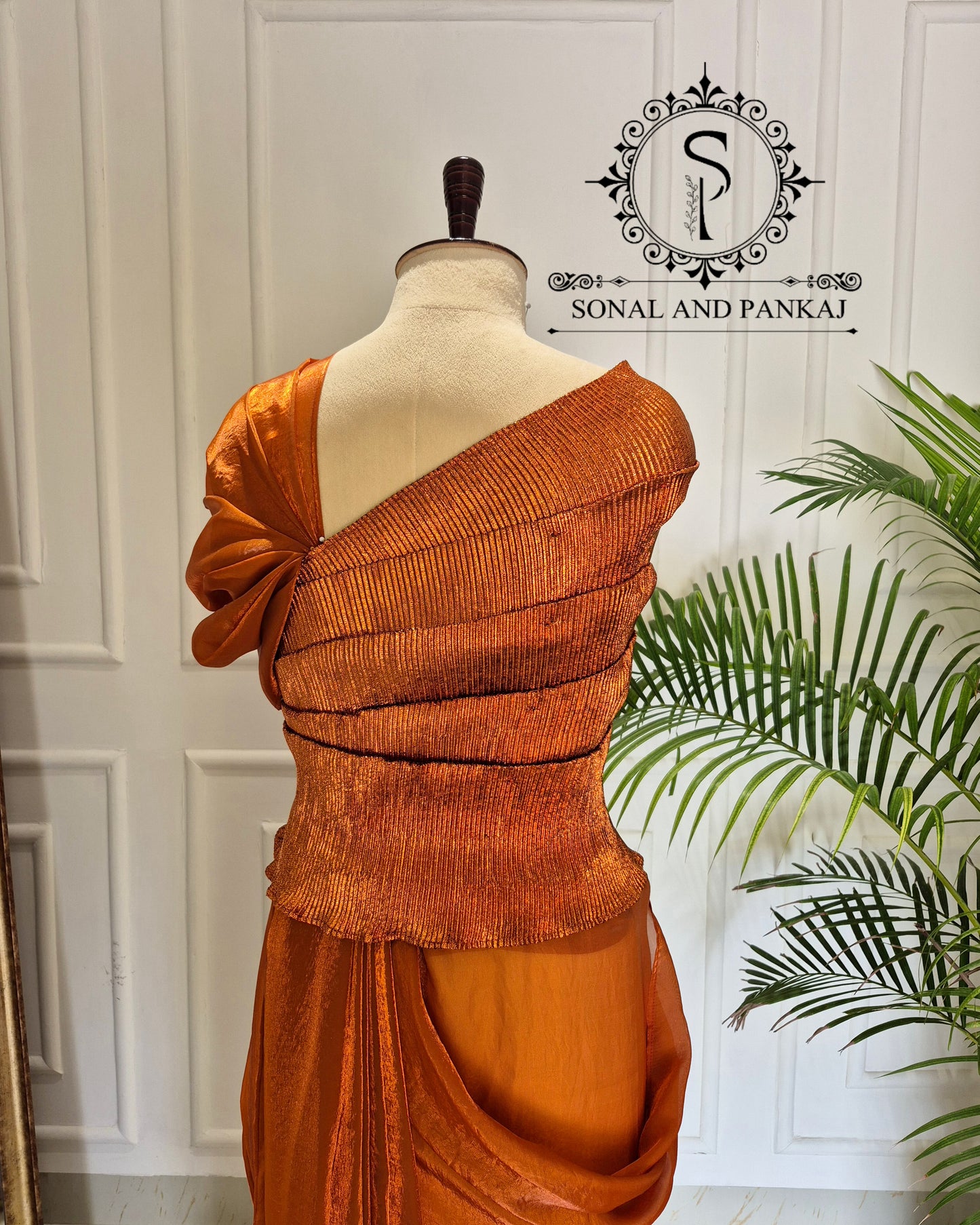 Desi Girl Vibe - Burnt Orange Top & Pre-pleated Saree - SA01640