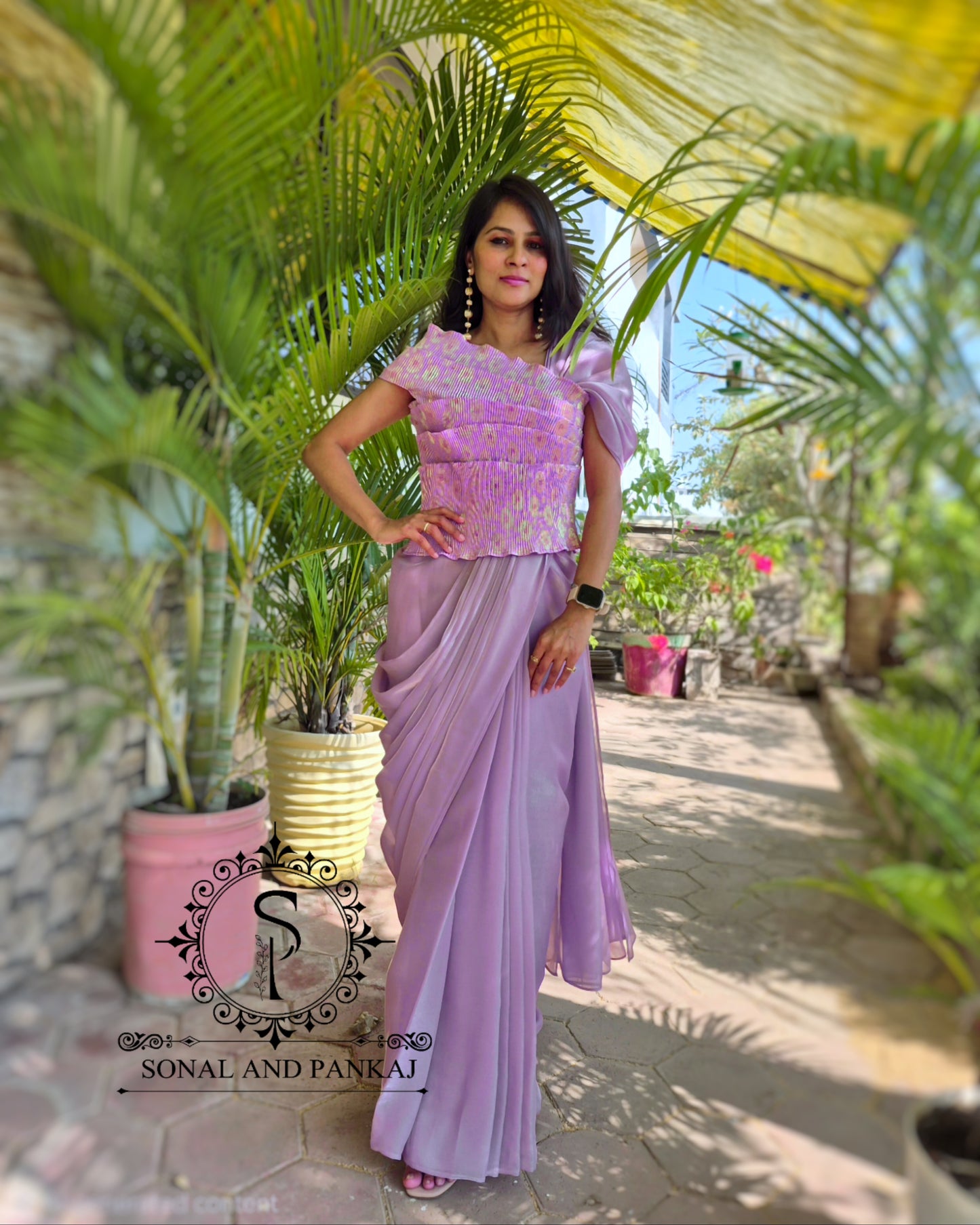 Chemisier de créateur imprimé Ikkat avec sari vin - SA00943