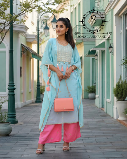 Sky Blue & Coral Kaftan Coord Set On Sale - RW01468