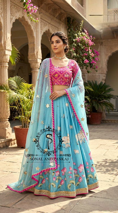Lotus Whispers - Turquoise Blue Pichwai Ensemble - LH01623