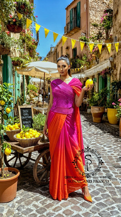 Desi Girl Vibe - Raspberry Sunset Sorbet Pre-pleated Saree - SA01714
