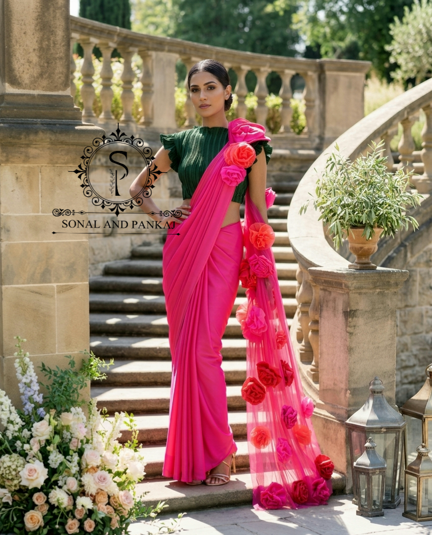 Bottle Green Pleated Blouse With Hot Pink Ready To Drape Saree - SA00651