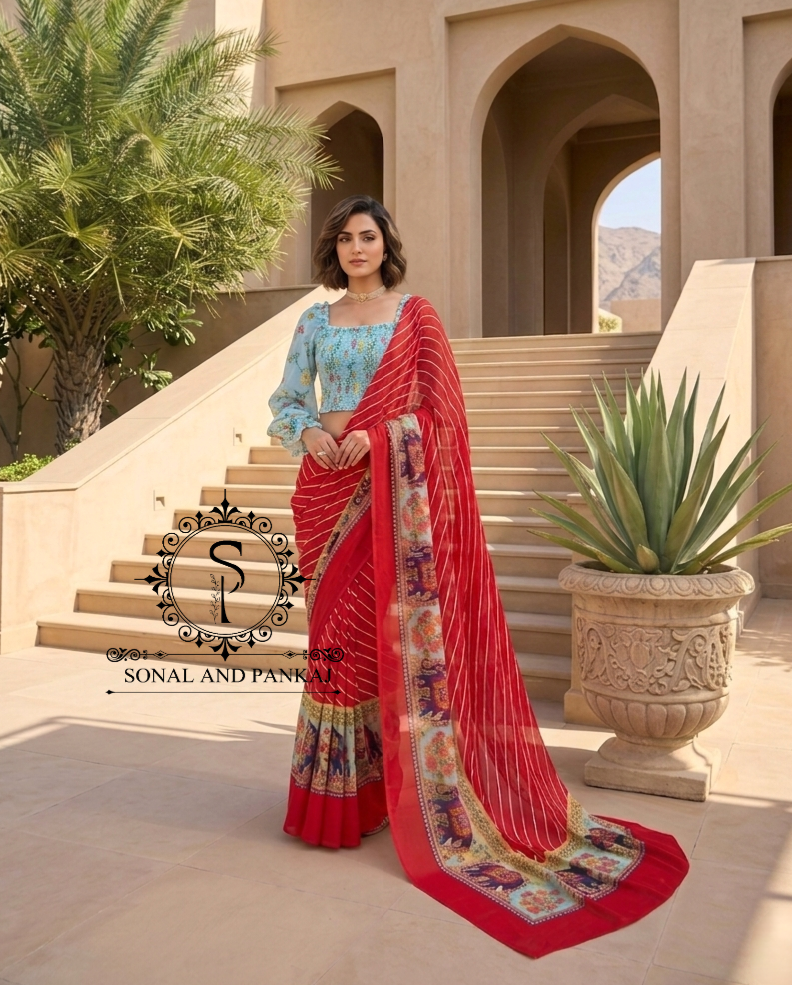 Turquoise Blue Floral Print Smocking Top & Red Leheriya Saree - SA01670
