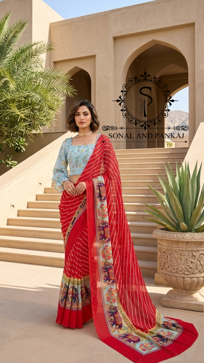 Turquoise Blue Floral Print Smocking Top & Red Leheriya Saree - SA01670