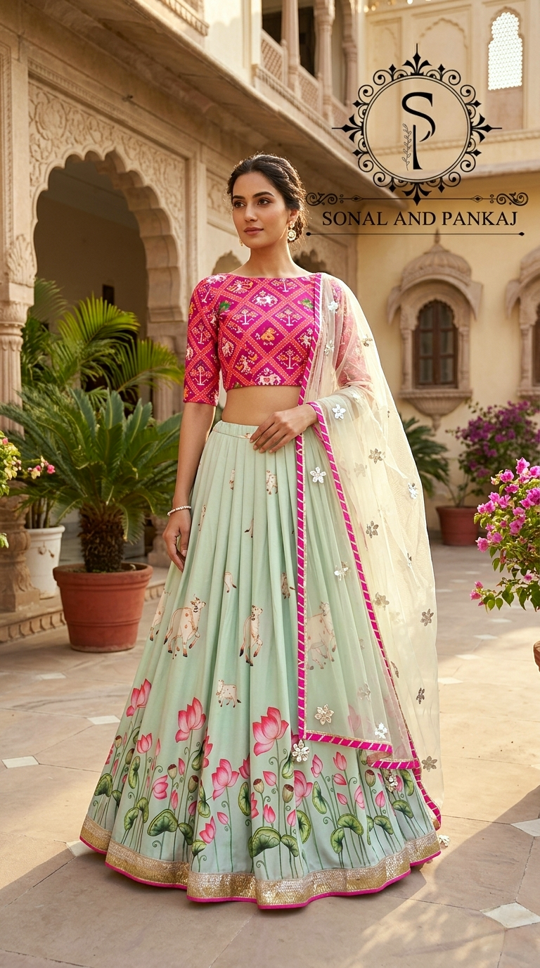 Lotus Whispers - Pastel Green Pichwai Ensemble - LH01614