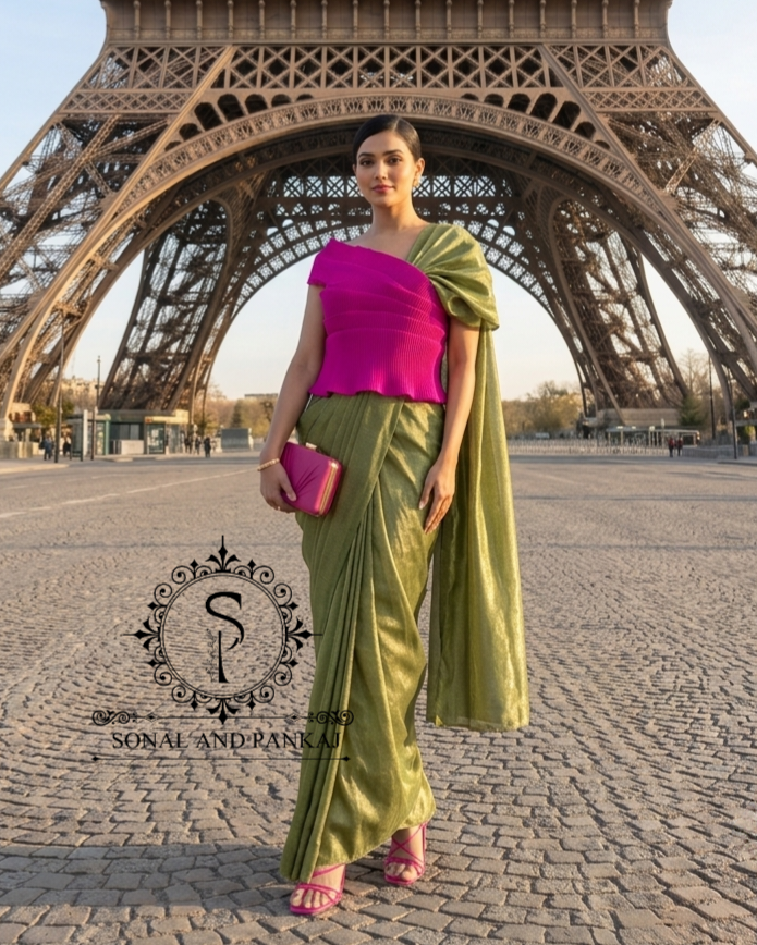 Desi Girl Vibe - Hot Pink & Shimmer Olive Pre-pleated Saree - SA01807