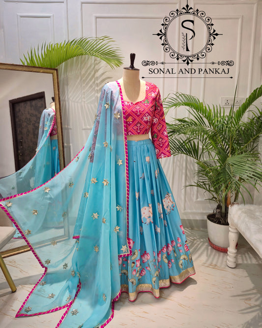 Lotus Whispers - Turquoise Blue Pichwai Ensemble - LH01623