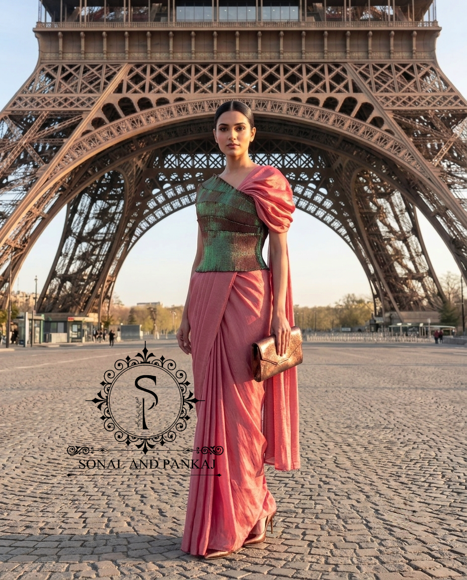 Desi Girl Vibe - Metallic Bronze & Jade Green Pre-pleated Saree - SA01806