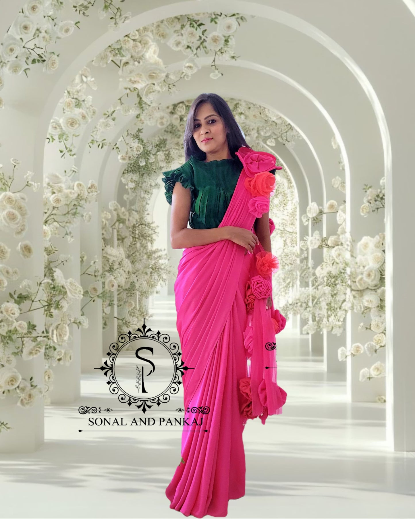 Bottle Green Pleated Blouse With Hot Pink Ready To Drape Saree - SA00651
