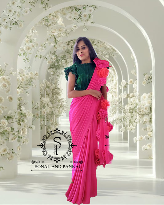 Bottle Green Pleated Blouse With Hot Pink Ready To Drape Saree - SA00651