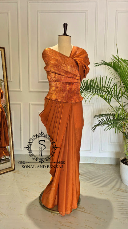 Desi Girl Vibe - Burnt Orange Top & Pre-pleated Saree - SA01640
