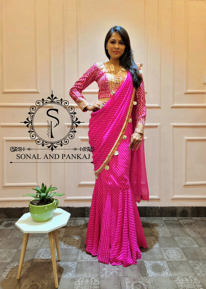 Ready To Wear Hot Pink Moothra Print Saree With Hand Embroidered Blouse - SA00936